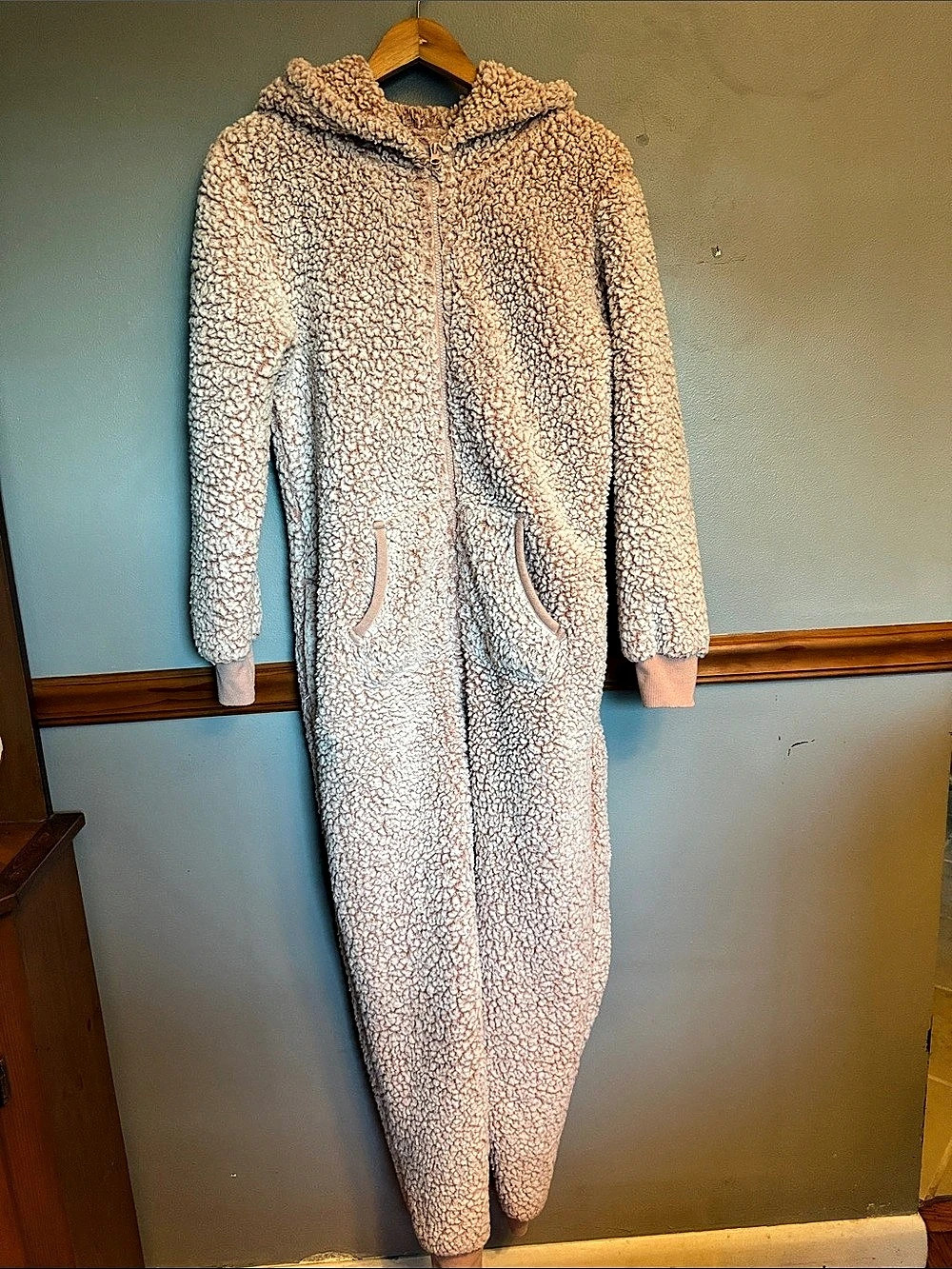 Victoria's Secret PINK Cozy Sherpa Hooded One Piece Pajama Jumpsuit Onesie L